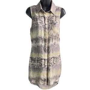 Anthropologie Lush SzM Long Gray MultiColor Sleeveless Abstract Collared Blouse